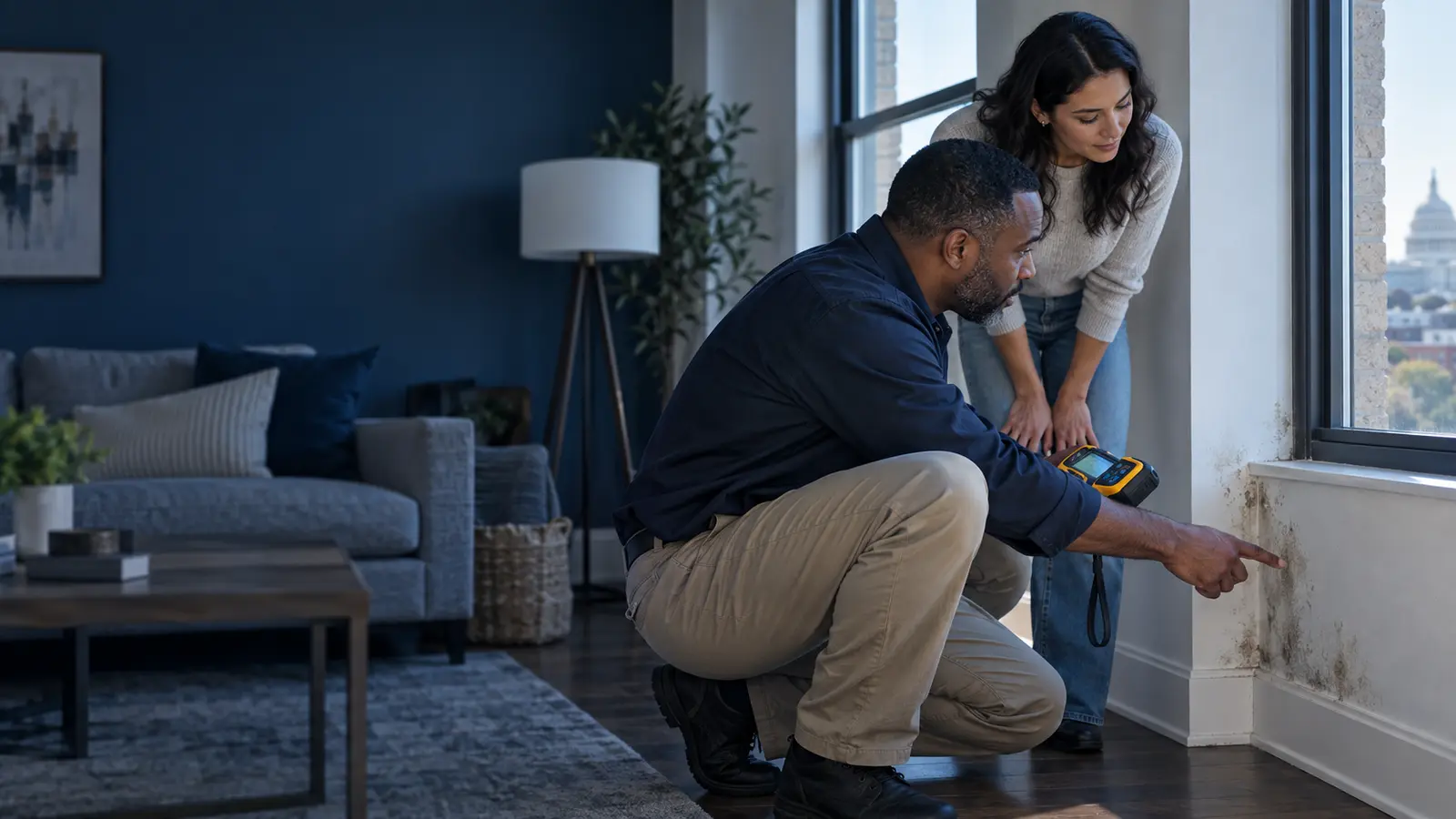 Housing professional and tenant examining moisture damage in a Washington DC rental property