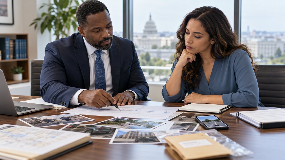 Attorney and client organizing photographs, documents, and a timeline to preserve evidence for a potential legal claim